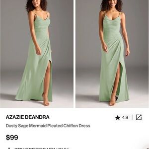 Azazie Green Embellished Gown with Slit and Spaghetti Straps